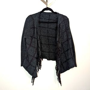 Opening Ceremony Open Front Cardigan with Fringe Windowpane Print